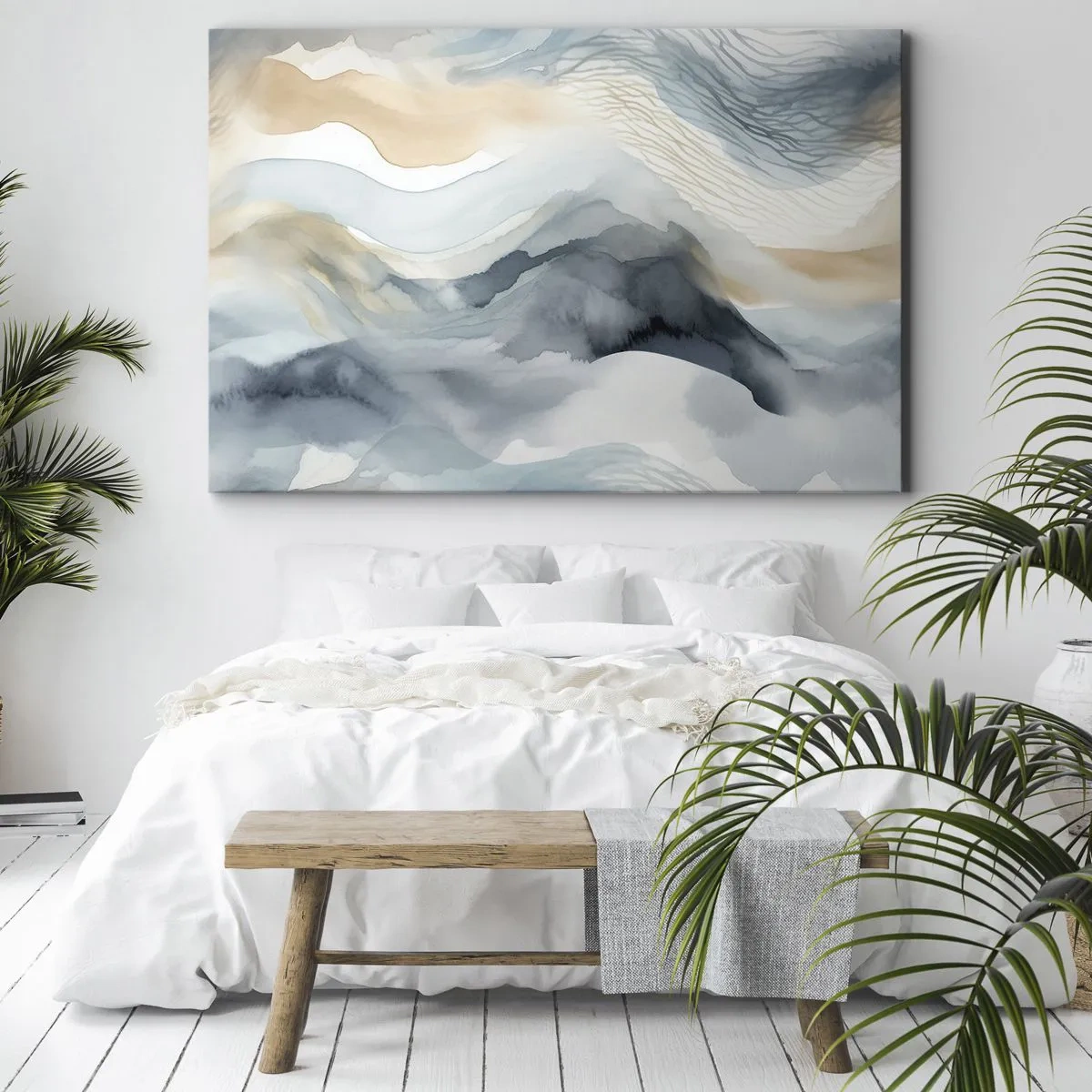 Impression sur toile - Image sur toile - Une abstraction délicate avec un motif de montagne dans des tons pastel. - 100x70cm - Abstraction enneigée et brumeuse - Décoration murale moderne pour le salon et la chambre ARTTOR