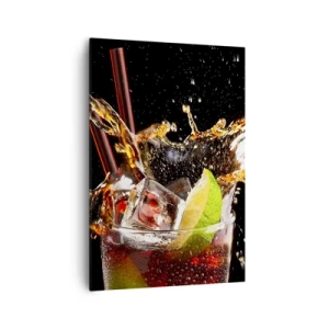 Impression sur toile - Image sur toile - Un verre de boisson, citron vert et glace au moment des éclaboussures dynamiques - 70x100cm - Joie et énergie des couleurs - Décoration murale moderne pour le salon et la chambre ARTTOR