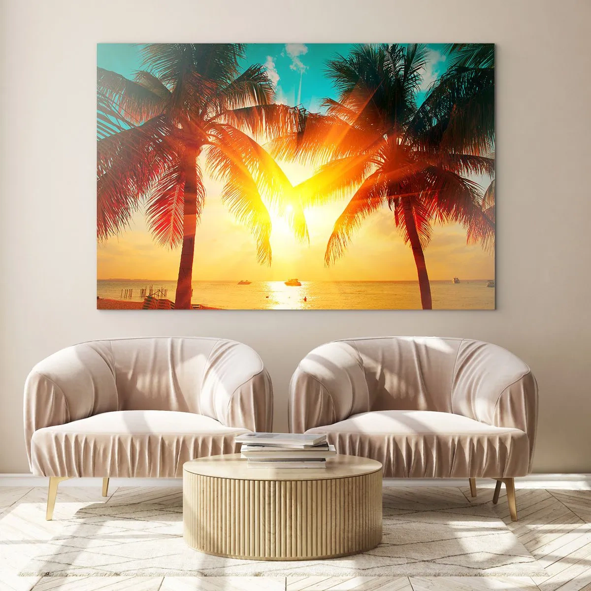 Impression sur verre - Image sur verre - Palmiers ensoleillés sur une plage tropicale - 100x70cm - Couple exotique - Décoration murale moderne pour le salon et la chambre ARTTOR