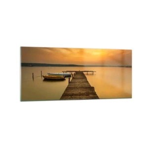 Impression sur verre - Image sur verre - Jetée en bois et bateaux sur le lac au coucher du soleil - 120x50cm - Je t'ouvrirai le ciel d'or - Décoration murale moderne pour le salon et la chambre ARTTOR