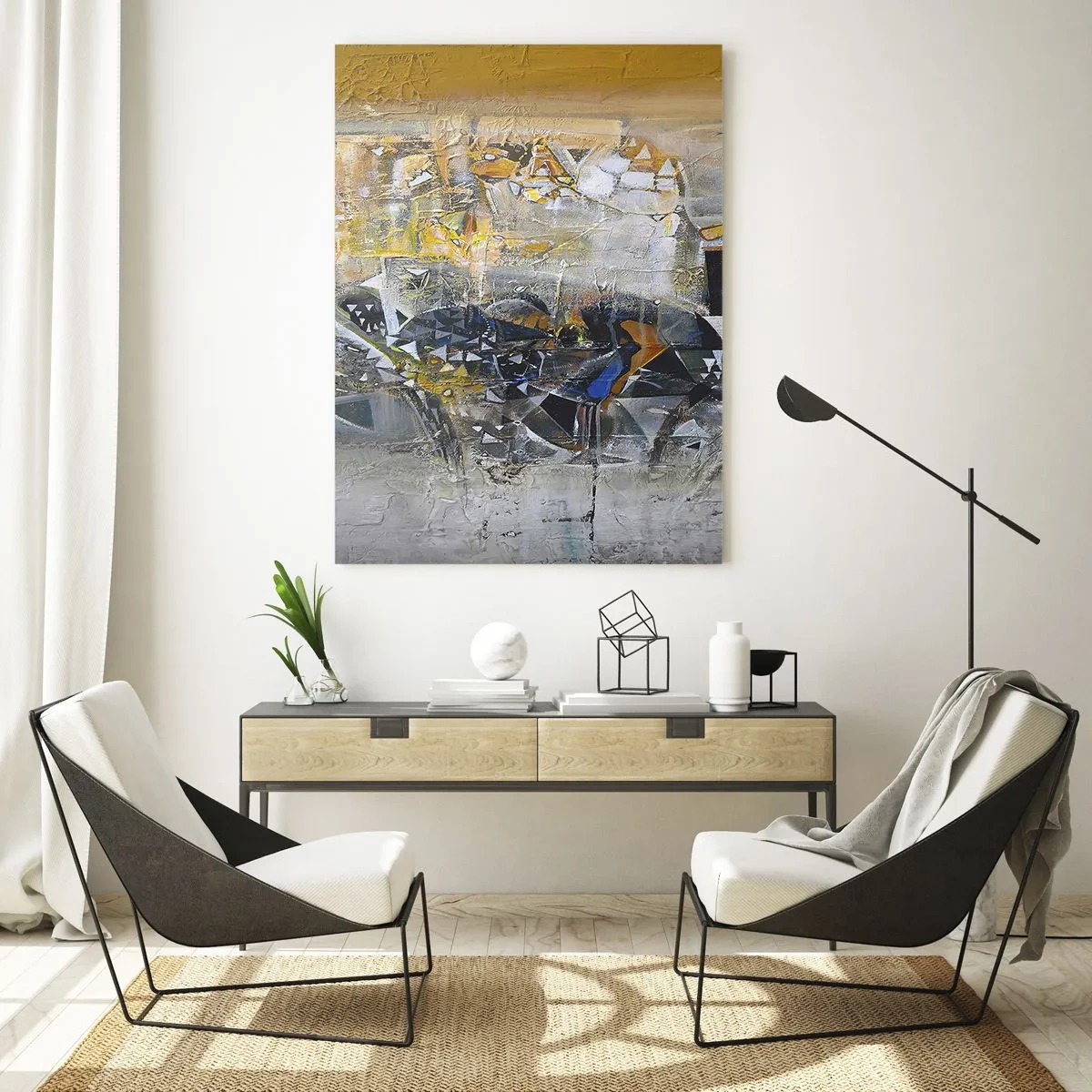 Impression sur verre - Image sur verre - Abstraction avec des nuances dominantes de jaune et de gris - 70x100cm - Tout se met en place - Décoration murale moderne pour le salon et la chambre ARTTOR