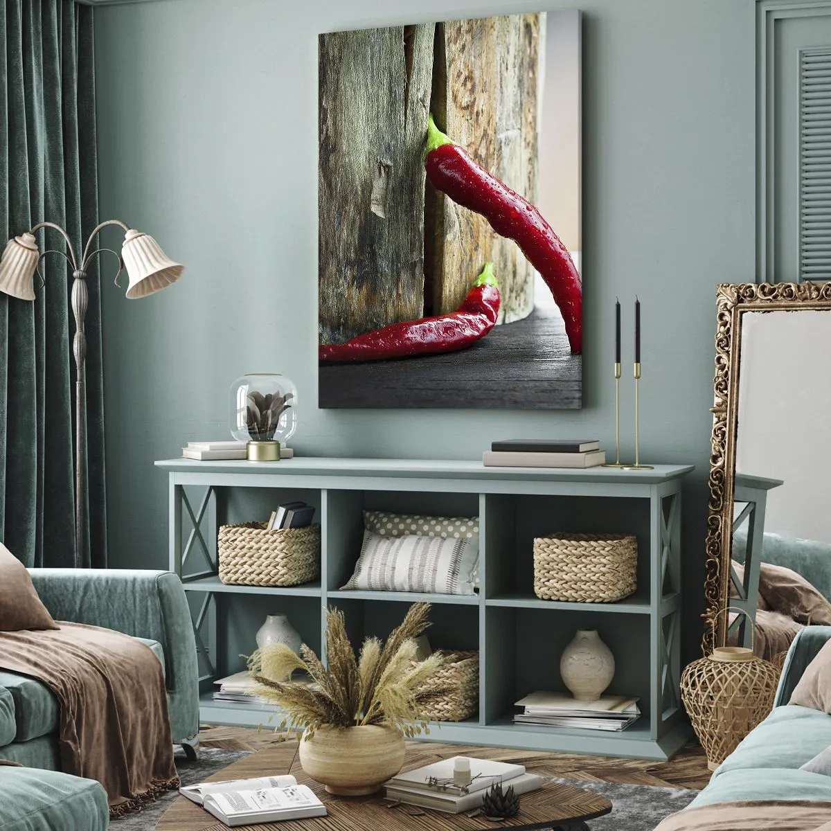 Impression sur toile - Image sur toile - Deux piments rouges sur un fond en bois avec un accent rustique - 70x100cm - Red hot chili peppers - Décoration murale moderne pour le salon et la chambre ARTTOR