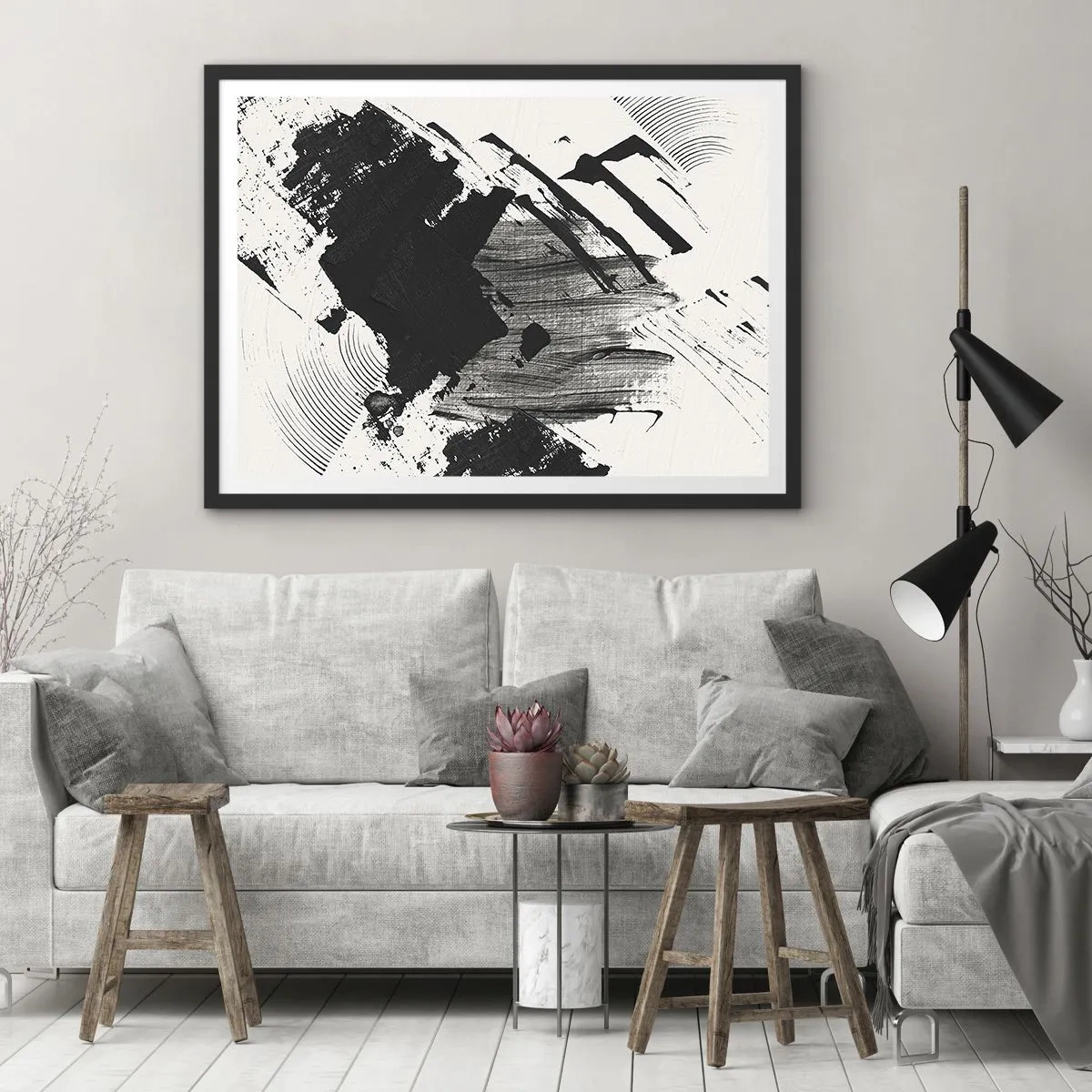 Affiche dans un cadre noir - Poster - Traits abstraits de noir sur fond blanc - 70x50cm - Abstraction – expression du noir - Décoration murale moderne pour le salon et la chambre ARTTOR