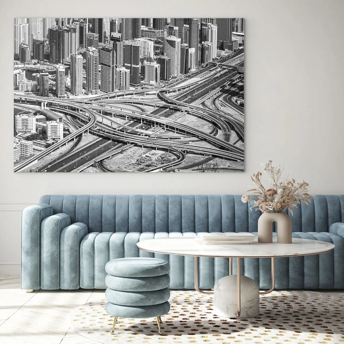 Impression sur verre - Image sur verre - Panorama noir et blanc de la ville avec un carrefour autoroutier - 120x80cm - Dubaï - la ville impossible - Décoration murale moderne pour le salon et la chambre ARTTOR