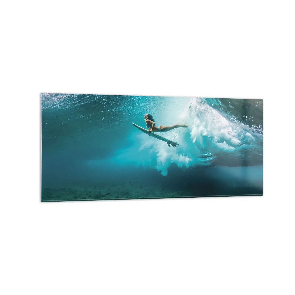 Impression sur verre - Image sur verre - Surfeur sous une vague dans l'eau bleue de l'océan - 120x50cm - Monde sous marin - Décoration murale moderne pour le salon et la chambre ARTTOR