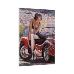 Impression sur verre - Image sur verre - Une femme près d'une voiture rouge avec une ville en arrière-plan - 80x120cm - L'été? Uniquement sur la Côte d'Azur - Décoration murale moderne pour le salon et la chambre ARTTOR