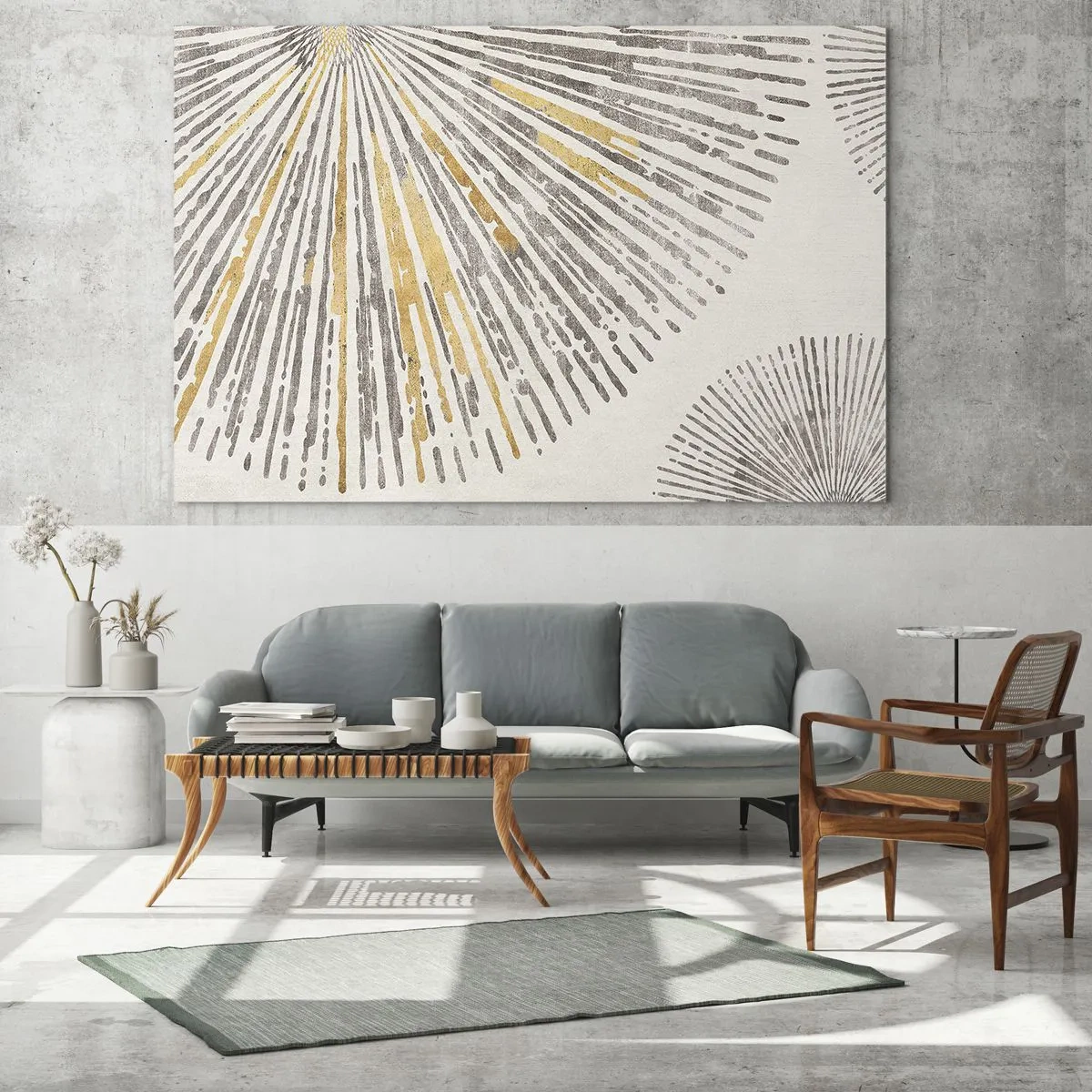 Impression sur verre - Image sur verre - Lignes radiales dans des tons dorés et gris sur fond clair - 70x50cm - La beauté du rayon - Décoration murale moderne pour le salon et la chambre ARTTOR