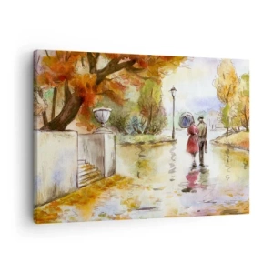 Impression sur toile - Image sur toile - Une promenade dans le parc d'automne avec un parapluie - 70x50cm - Automne romantique dans le parc - Décoration murale moderne pour le salon et la chambre ARTTOR