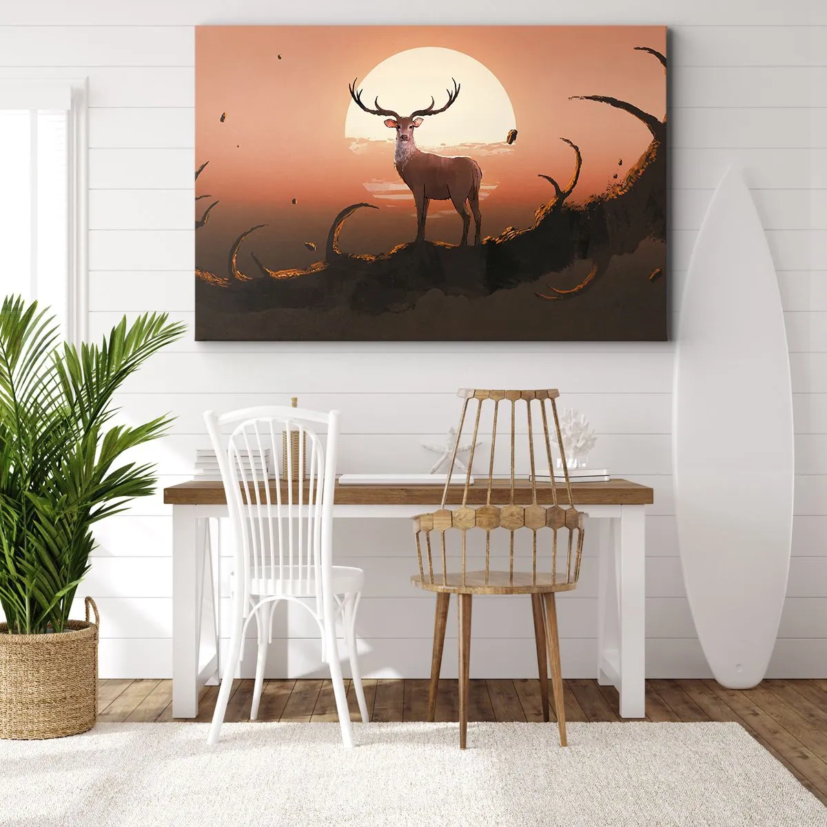 Impression sur toile - Image sur toile - Un cerf sur fond de soleil couchant et un paysage surréaliste - 120x80cm - Cette nuit ne ressemble à aucune autre - Décoration murale moderne pour le salon et la chambre ARTTOR