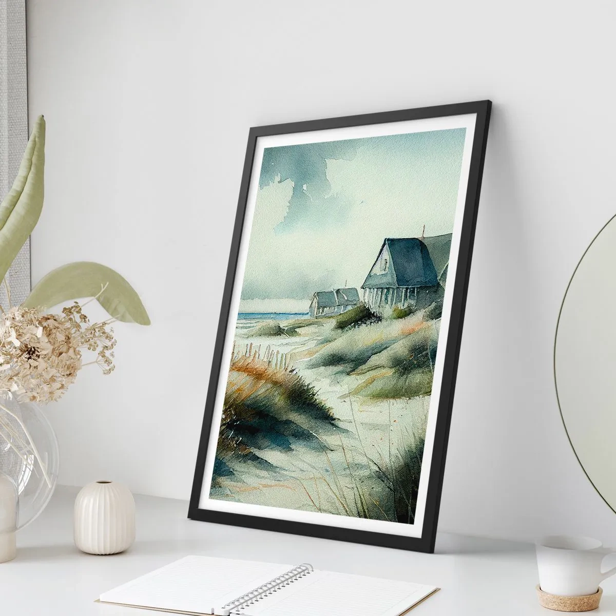 Affiche dans un cadre noir - Poster - Maison de plage aquarelle avec vue sur la mer - 50x70cm - Loin de l'agitation - Décoration murale moderne pour le salon et la chambre ARTTOR