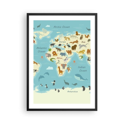 Affiche dans un cadre noir - Poster - Une carte du monde avec des illustrations d'animaux dans différentes régions - 50x70cm - De bons voisins - Décoration murale moderne pour le salon et la chambre ARTTOR