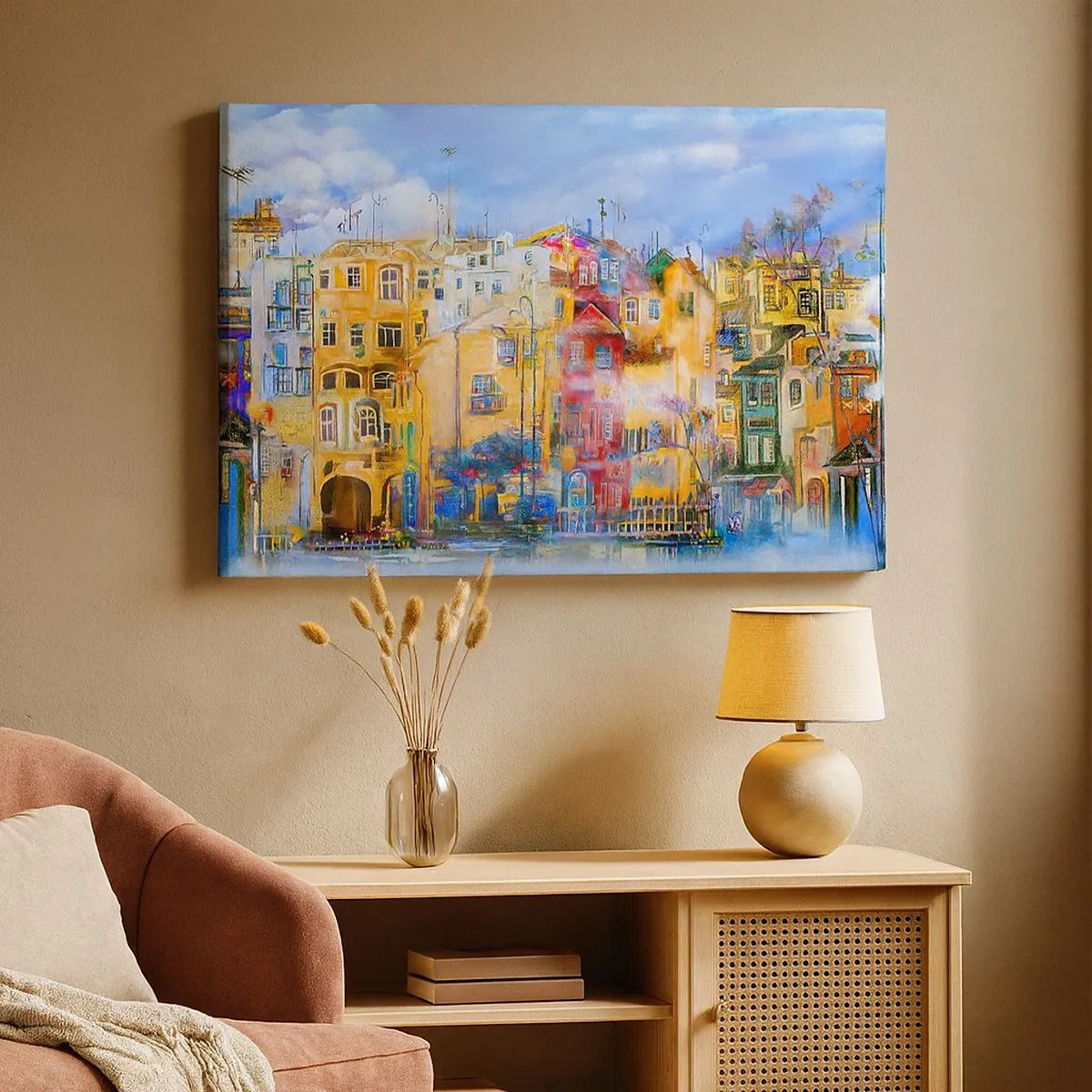 Impression sur toile - Image sur toile - Bâtiments urbains colorés dans un style artistique - 70x50cm - Nous sommes ensemble - Décoration murale moderne pour le salon et la chambre ARTTOR