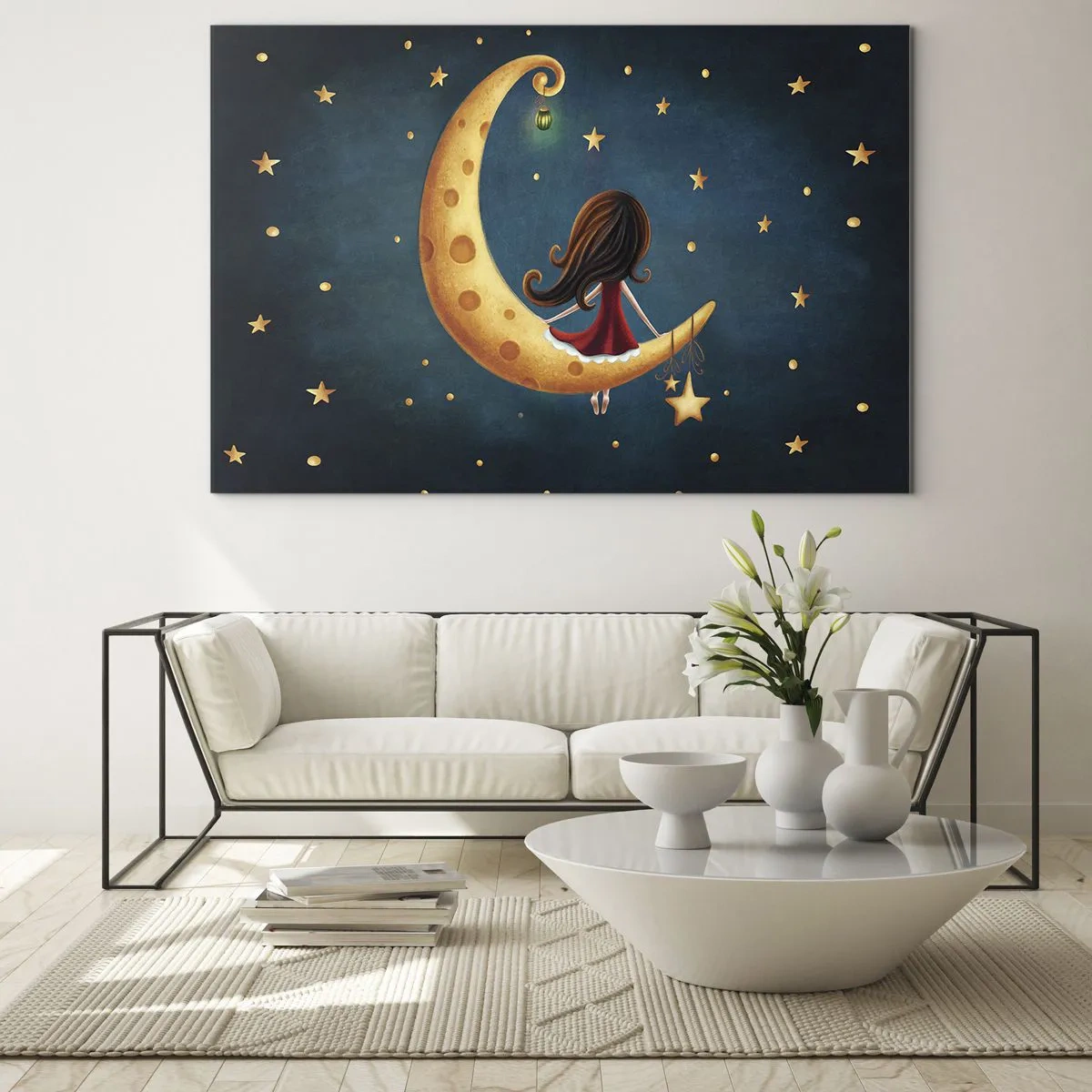 Impression sur verre - Image sur verre - Une fille sur la lune parmi les étoiles sur un fond bleu marine - 100x70cm - Il était une fois... - Décoration murale moderne pour le salon et la chambre ARTTOR