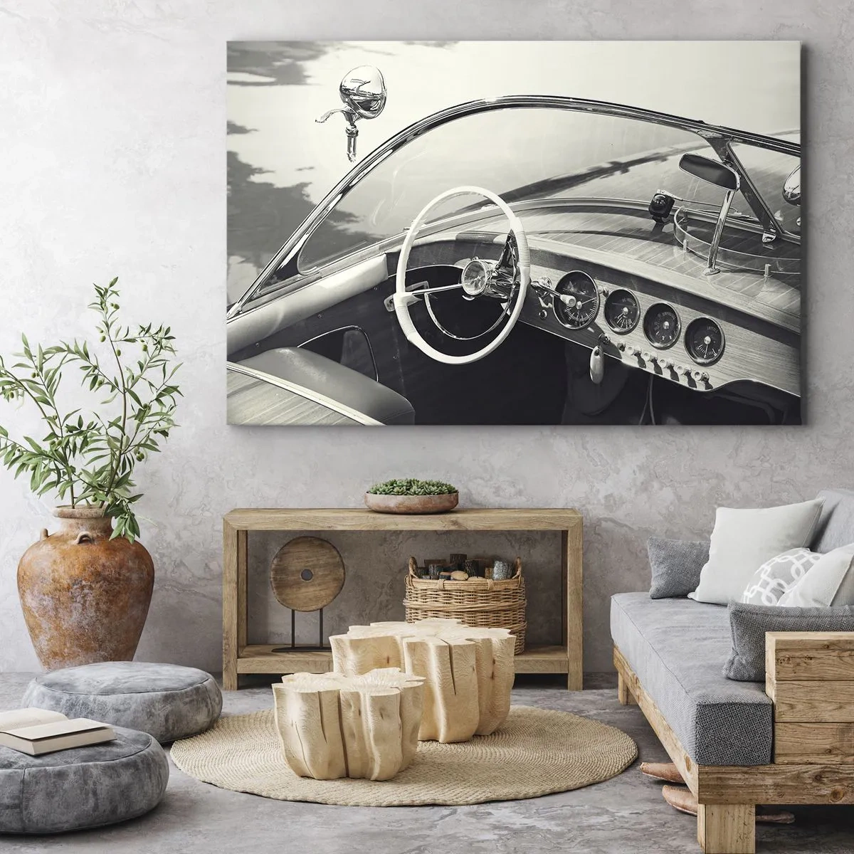 Impression sur toile - Image sur toile - Intérieur de voiture classique de style monochrome - 120x80cm - Temps pour riche - Décoration murale moderne pour le salon et la chambre ARTTOR