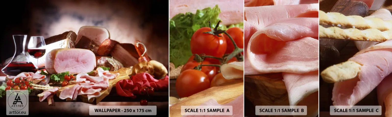 Échantillon de Papier Peint Autocollant Deluxe Sticker - Un rêve culinaire avec une carafe - La gastronomie, Viandes, Tomates - 100x30 cm