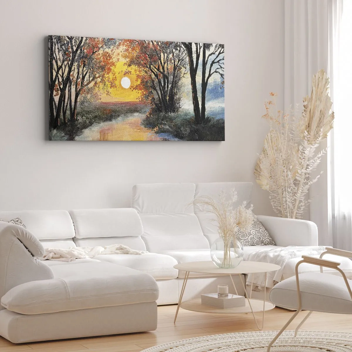 Impression sur toile - Image sur toile - Coucher de soleil sur la rivière dans un paysage d'automne - 120x50cm - Climats de printemps - Décoration murale moderne pour le salon et la chambre ARTTOR