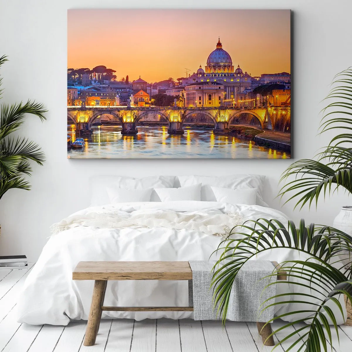 Impression sur toile - Image sur toile - Panorama du Vatican au coucher du soleil avec un pont sur la rivière - 120x80cm - Coucher de soleil sur la ville éternelle - Décoration murale moderne pour le salon et la chambre ARTTOR