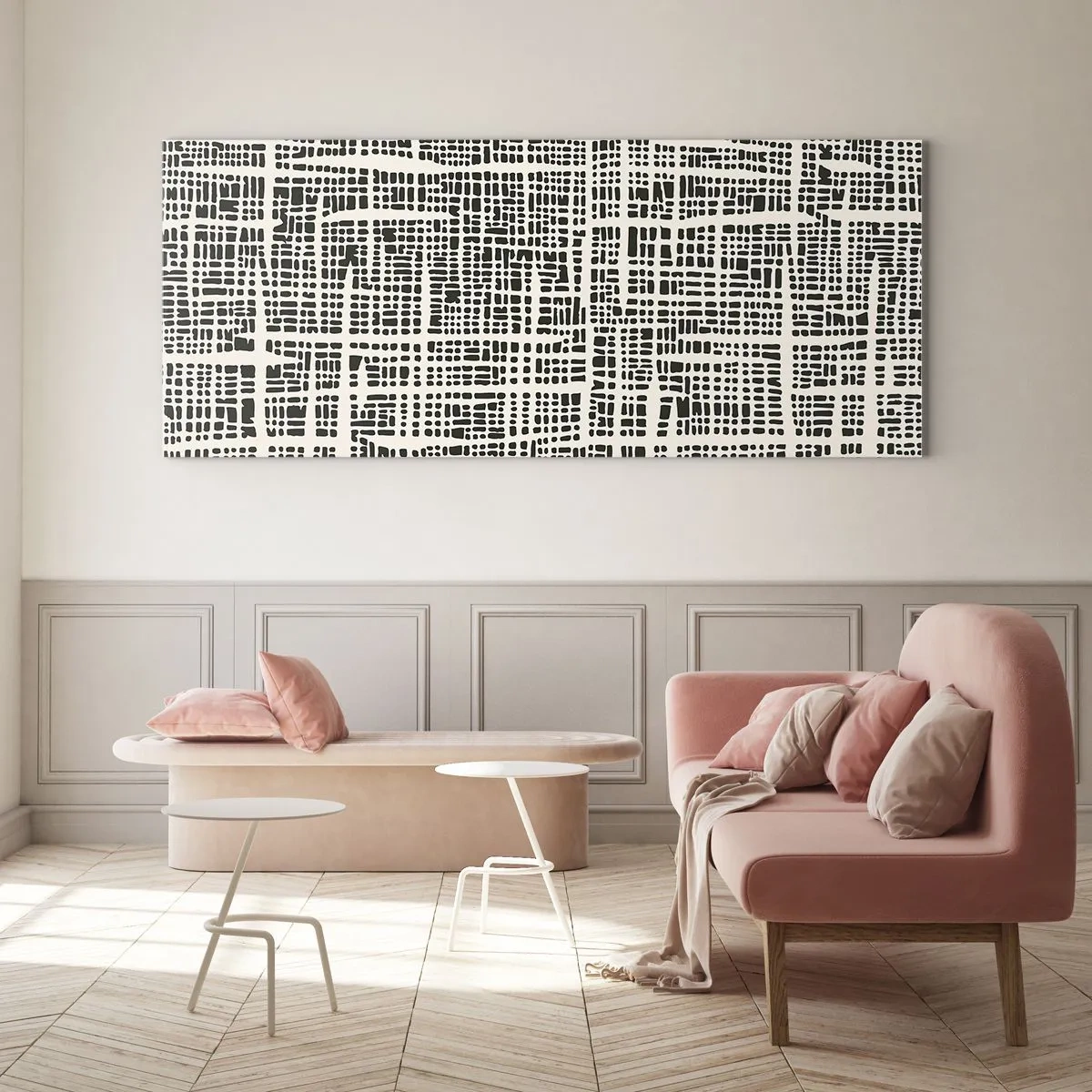 Impression sur verre - Image sur verre - Un motif géométrique ressemblant à une grille sur un fond clair - 120x50cm - Composition tissée - Décoration murale moderne pour le salon et la chambre ARTTOR