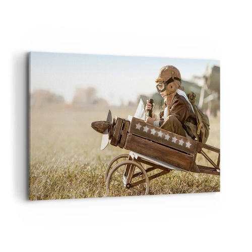 Impression sur toile - Image sur toile - Un enfant dans un avion jouet avec un champ en arrière-plan - 120x80cm - Départ vers un rêve - Décoration murale moderne pour le salon et la chambre ARTTOR