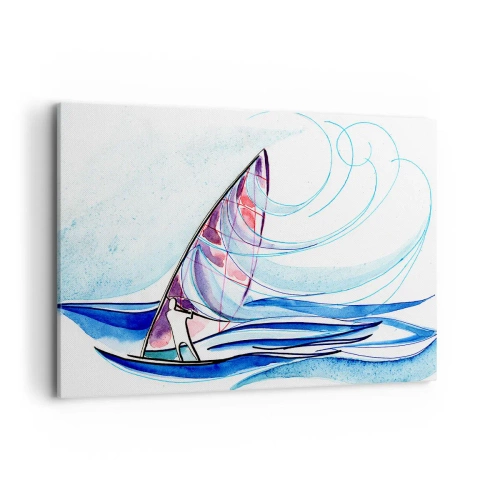 Impression sur toile - Image sur toile - Un surfeur chevauchant les vagues dans une composition abstraite à l'aquarelle - 100x70cm - Avec le vent au rythme des vagues - Décoration murale moderne pour le salon et la chambre ARTTOR