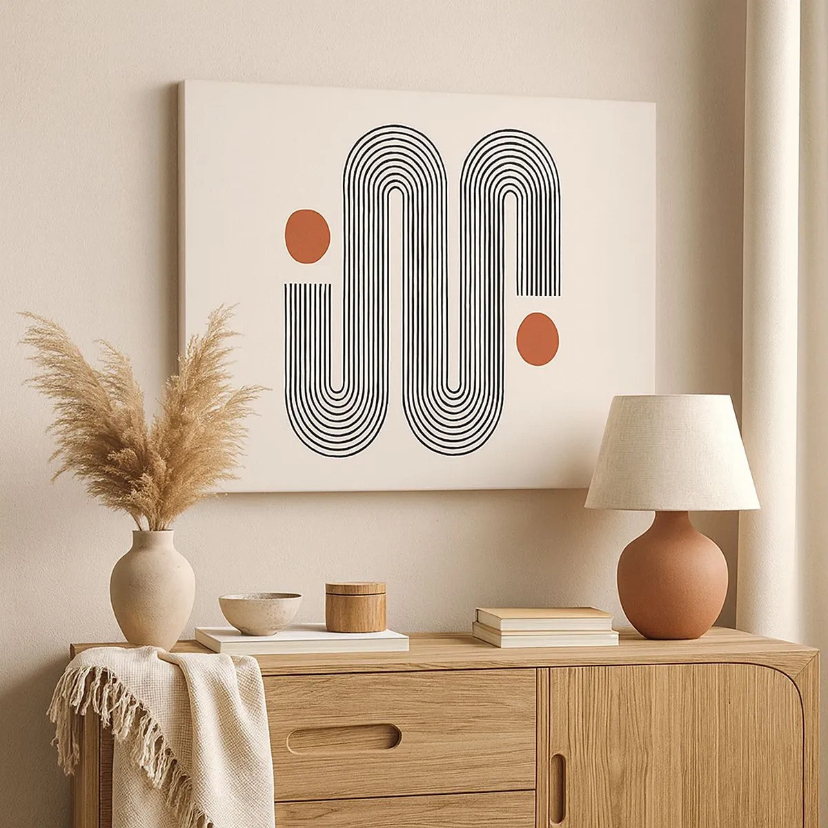 Impression sur toile - Image sur toile - Motif géométrique avec des lignes et des cercles orange - 70x50cm - Du début à la fin - Décoration murale moderne pour le salon et la chambre ARTTOR