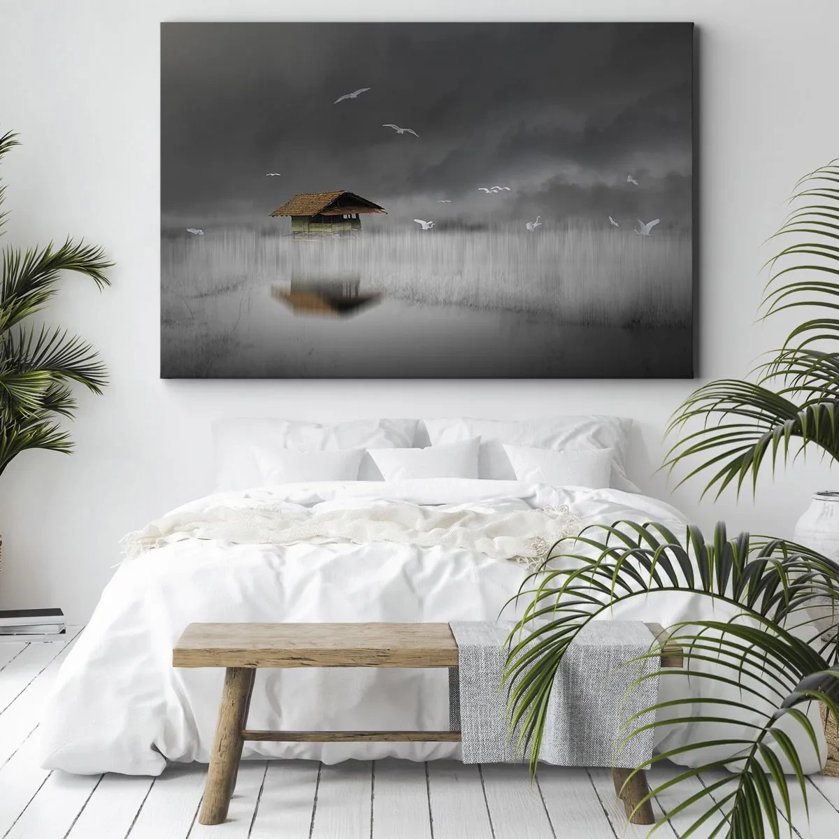 Impression sur toile - Image sur toile - Un chalet solitaire sur l'eau entouré de brouillard et d'oiseaux - 120x80cm - A l'abri de la pluie - Décoration murale moderne pour le salon et la chambre ARTTOR