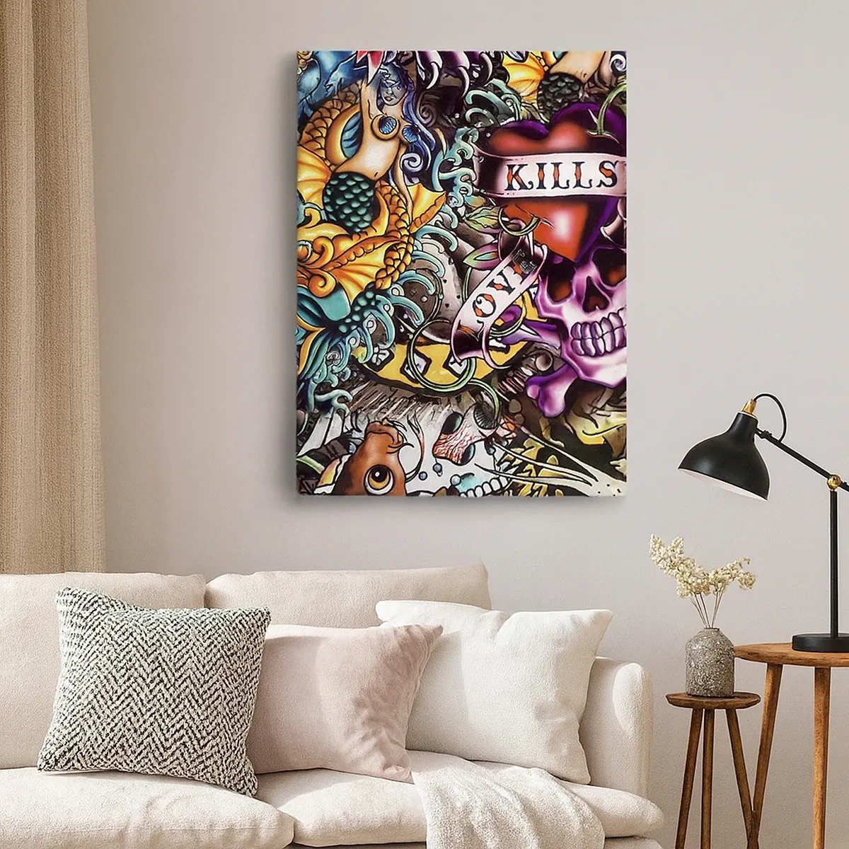 Impression sur toile - Image sur toile - Œuvre d'art colorée de style tatouage avec des crânes et des motifs nautiques - 50x70cm - Le rêve du tatoueur - Décoration murale moderne pour le salon et la chambre ARTTOR