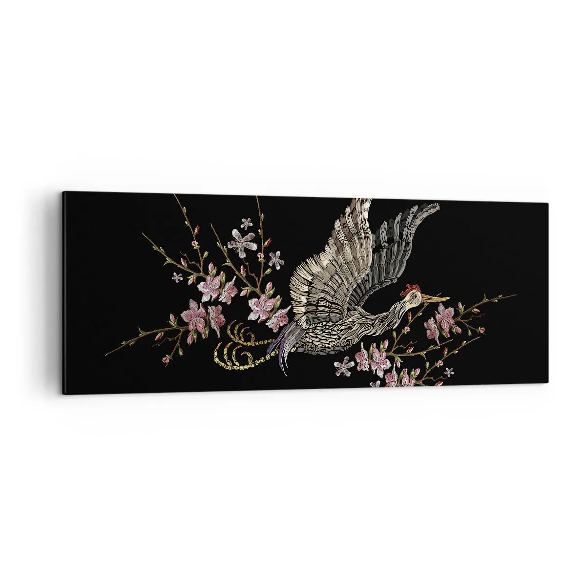Impression sur toile - Image sur toile - Un oiseau en vol avec des fleurs sur fond noir - 140x50cm - Oiseau brodé exotique - Décoration murale moderne pour le salon et la chambre ARTTOR