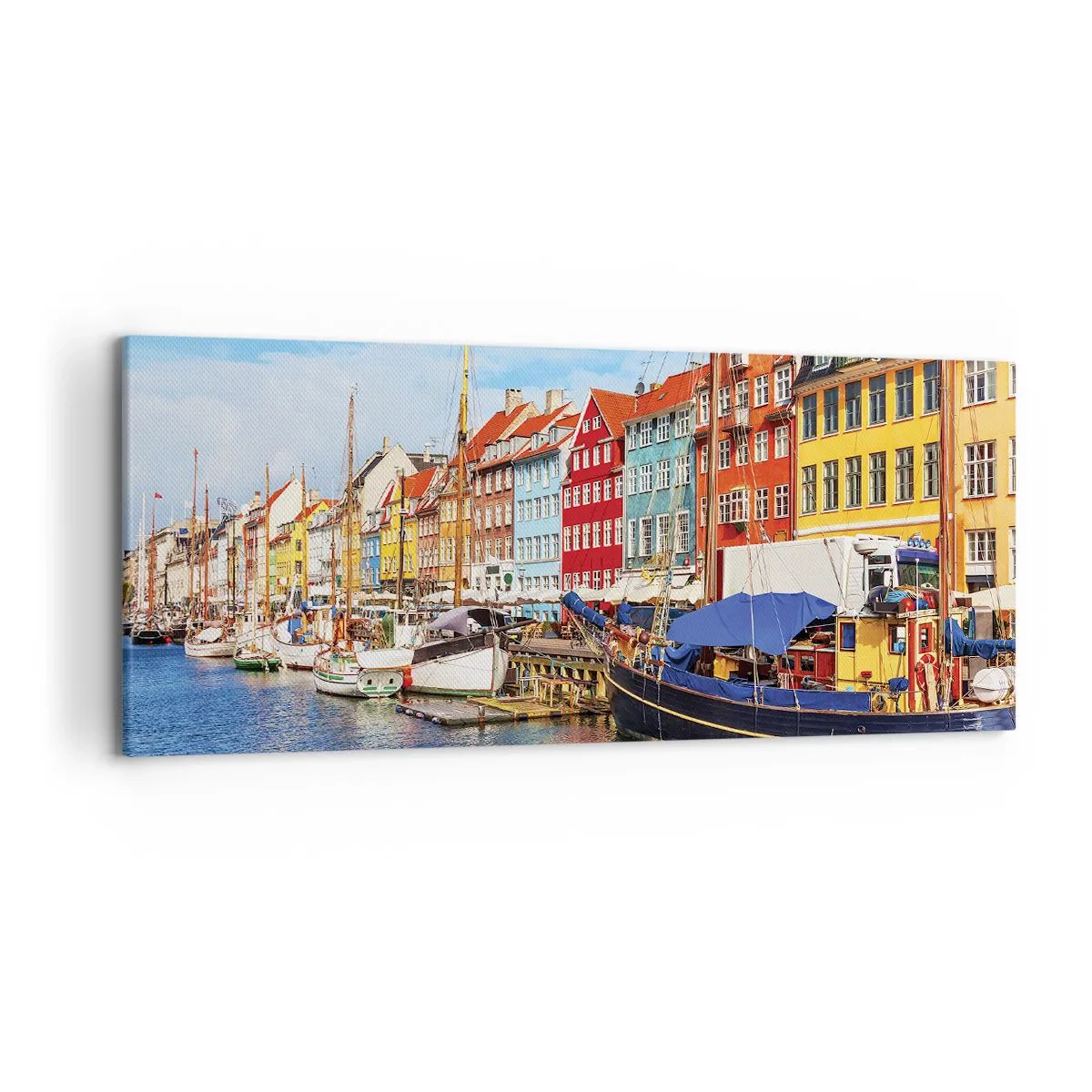 Impression sur toile - Image sur toile - Maisons colorées sur le canal avec des bateaux au soleil - 120x50cm - Quai joyeux - Décoration murale moderne pour le salon et la chambre ARTTOR