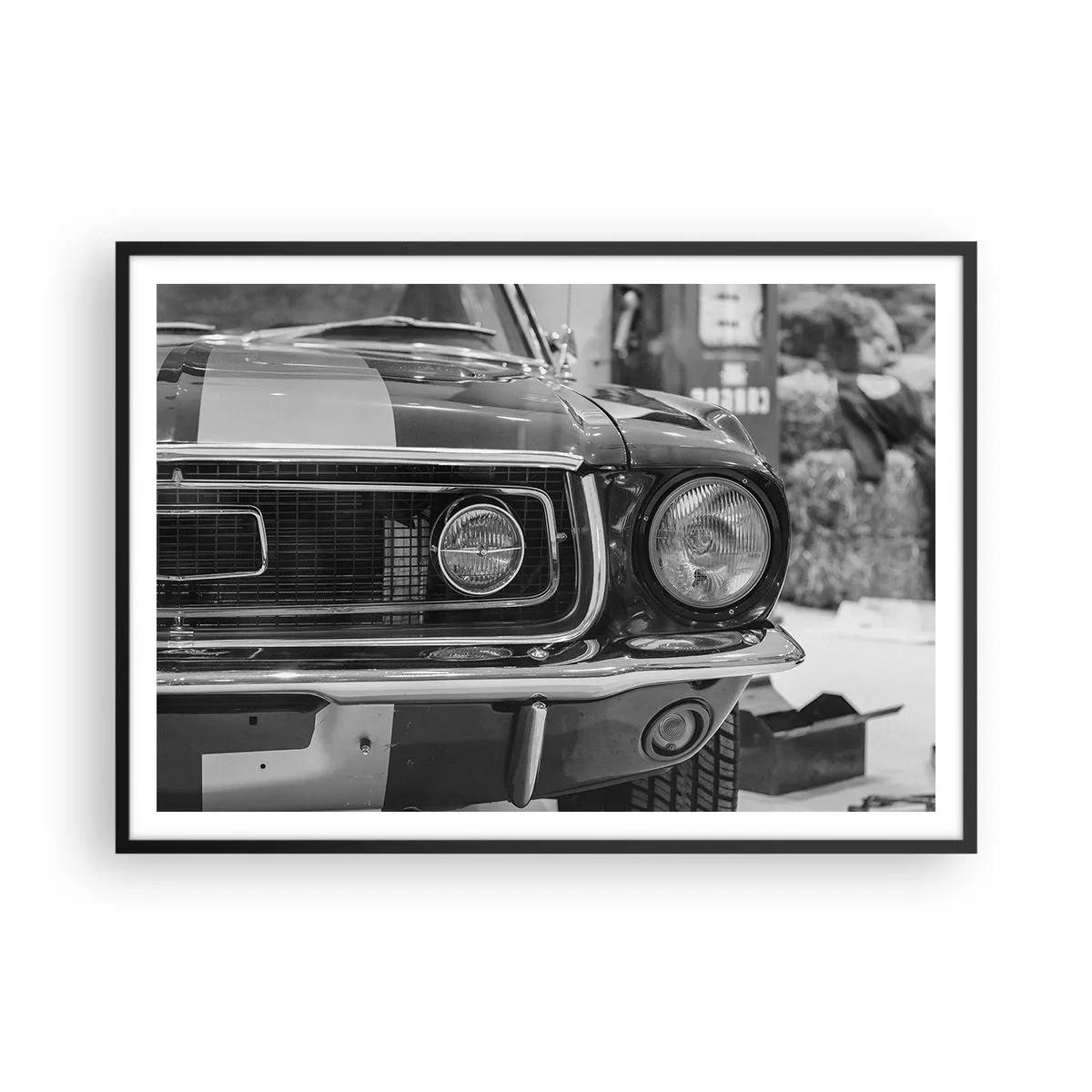 Affiche dans un cadre noir - Poster - Capot de voiture classique noir et blanc - 100x70cm - Conduire dur - Décoration murale moderne pour le salon et la chambre ARTTOR