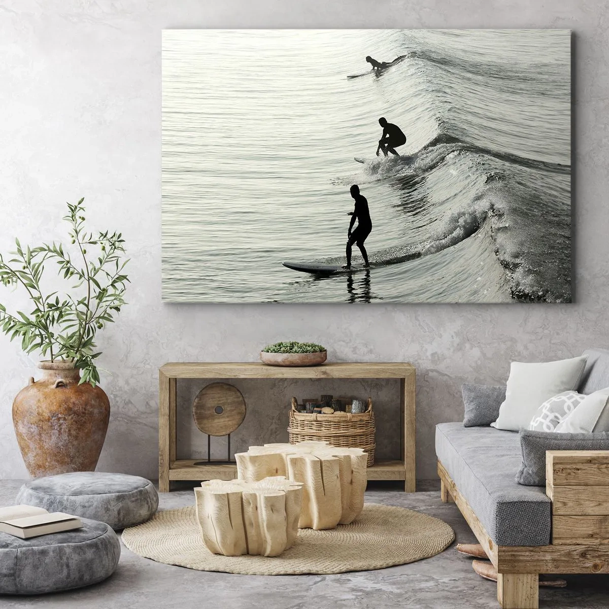 Impression sur toile - Image sur toile - Surfeurs sur les vagues dans une photo monochrome - 120x80cm - A la rencontre de la vague - Décoration murale moderne pour le salon et la chambre ARTTOR