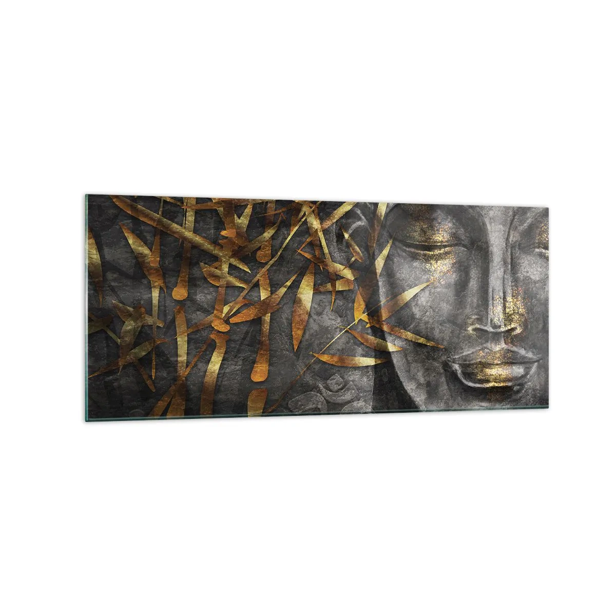 Impression sur verre - Image sur verre - Image de Bouddha zen avec des bambous dorés - 120x50cm - Ressentir le calme - Décoration murale moderne pour le salon et la chambre ARTTOR