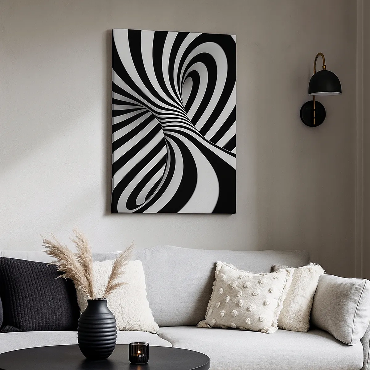 Impression sur toile - Image sur toile - Tunnel abstrait avec des rayures en spirale noires et blanches - 50x70cm - Composition : espace de danse - Décoration murale moderne pour le salon et la chambre ARTTOR