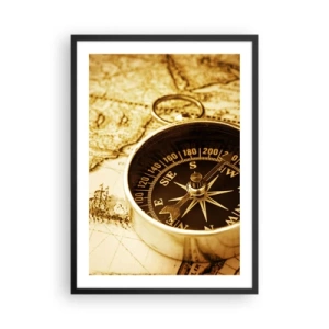 Affiche dans un cadre noir - Poster - Une boussole sur un fond de carte aux tons sépia - 50x70cm - Est ou ouest? - Décoration murale moderne pour le salon et la chambre ARTTOR