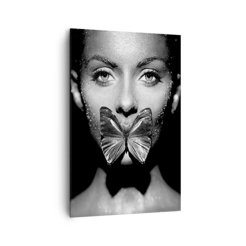 Impression sur toile - Image sur toile - Visage de femme en noir et blanc avec un papillon sur les lèvres - 80x120cm - Baiser papillon - Décoration murale moderne pour le salon et la chambre ARTTOR