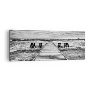 Impression sur toile - Image sur toile - Une vue en noir et blanc d'une jetée en bois sur une mer agitée. - 140x50cm - J'attends que le vent, ça le chassera... - Décoration murale moderne pour le salon et la chambre ARTTOR