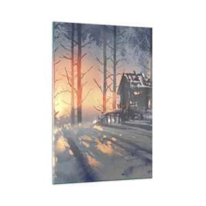 Impression sur verre - Image sur verre - Un chalet forestier dans un paysage hivernal avec les rayons du soleil couchant - 80x120cm - Seul le soleil regarde ici - Décoration murale moderne pour le salon et la chambre ARTTOR