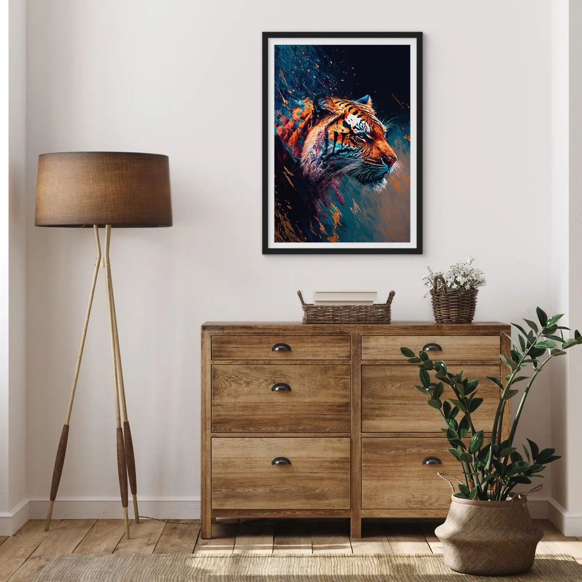 Affiche dans un cadre noir - Poster - Un portrait dynamique d'un tigre dans un style artistique - 50x70cm - Beauté sauvage - Décoration murale moderne pour le salon et la chambre ARTTOR