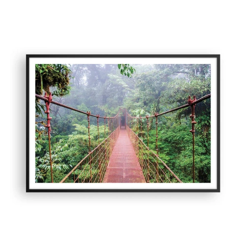 Affiche dans un cadre noir - Poster - Un pont suspendu dans une jungle tropicale entourée de brouillard - 100x70cm - Suspendu sur les couronnes - Décoration murale moderne pour le salon et la chambre ARTTOR