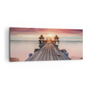 Impression sur toile - Image sur toile - Jetée en bois menant aux belvédères au coucher du soleil - 120x50cm - L'Ouest à l'Est - Décoration murale moderne pour le salon et la chambre ARTTOR