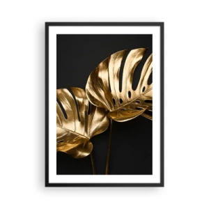 Affiche dans un cadre noir - Poster - Feuilles de monstera dorées sur fond noir, un contraste de couleurs élégant - 50x70cm - Les trésors de la nature - Décoration murale moderne pour le salon et la chambre ARTTOR