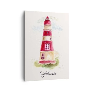 Impression sur toile - Image sur toile - Une aquarelle représentant un phare sur fond clair avec une inscription - 50x70cm - Il y a toujours beau temps autour - Décoration murale moderne pour le salon et la chambre ARTTOR