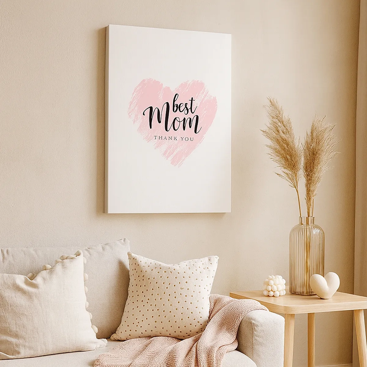 Impression sur toile - Image sur toile - Cœur rose avec les mots « Meilleure maman, merci » sur fond blanc - 50x70cm - Toujours au bon moment - Décoration murale moderne pour le salon et la chambre ARTTOR