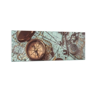 Impression sur verre - Image sur verre - Composition avec une boussole, des clés et une vieille carte dans un style rétro - 140x50cm - Pour ceux qui recherche l'aventure - Décoration murale moderne pour le salon et la chambre ARTTOR