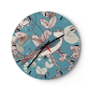 Horloge murale - Pendule murale - Un cadran d'horloge avec un motif d'oiseau entouré de feuilles et de fleurs aux couleurs délicates. - 30x30cm - Dans le bois blanc du rouge et de l'argent