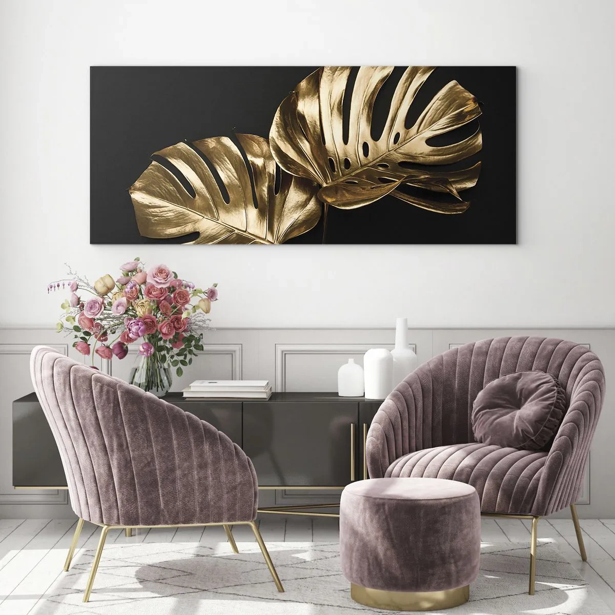 Impression sur verre - Image sur verre - Feuilles de monstera dorées sur fond noir - 120x50cm - Les trésors de la nature - Décoration murale moderne pour le salon et la chambre ARTTOR