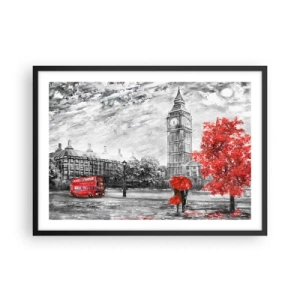 Affiche dans un cadre noir - Poster - Vue emblématique de Londres avec Big Ben, un bus rouge et un parapluie - 70x50cm - Une journée passionnante - Décoration murale moderne pour le salon et la chambre ARTTOR