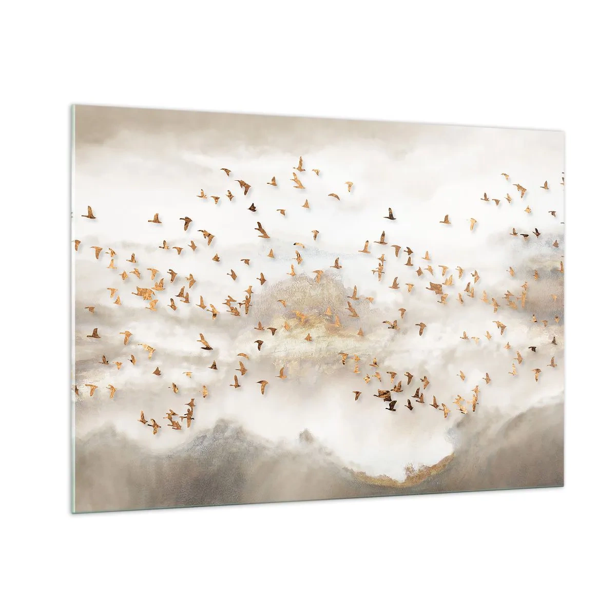 Impression sur verre - Image sur verre - Une volée d'oiseaux survolant un paysage brumeux - 100x70cm - Il est l'heure… - Décoration murale moderne pour le salon et la chambre ARTTOR