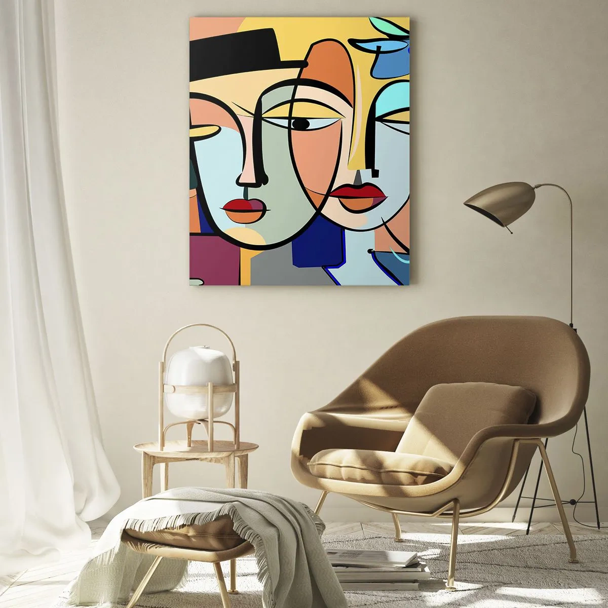 Impression sur verre - Image sur verre - Visages colorés de style cubiste avec des fleurs - 50x70cm - Le Rendez-vous de Picasso - Décoration murale moderne pour le salon et la chambre ARTTOR