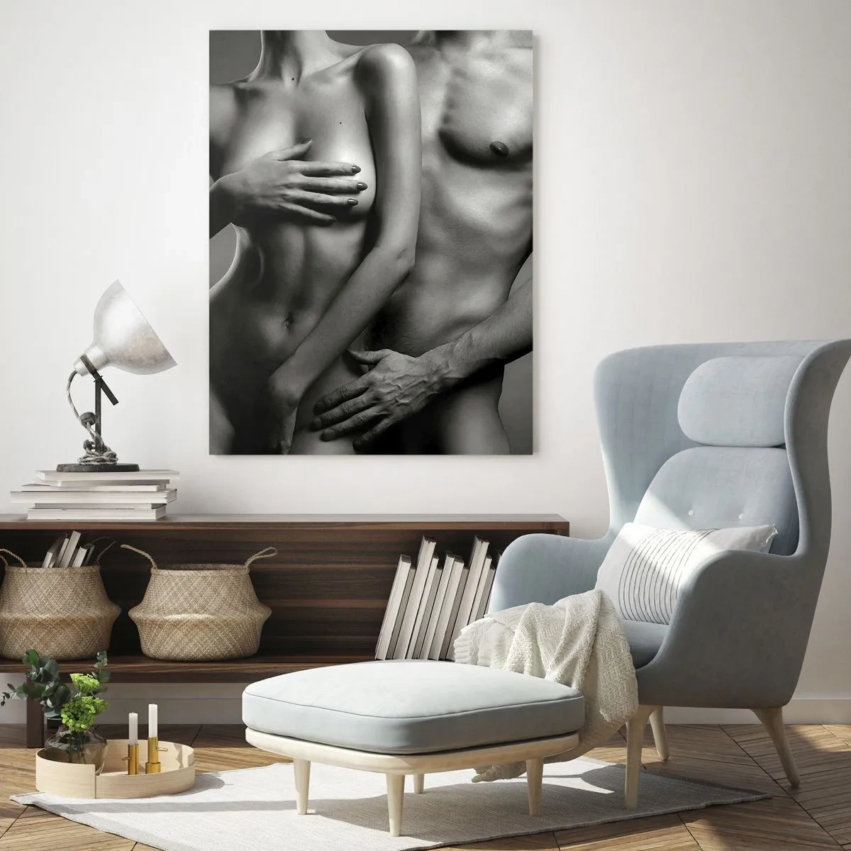 Impression sur verre - Image sur verre - Représentation en noir et blanc de corps féminins et masculins dans une pose artistique - 70x100cm - Adam et Eve - Décoration murale moderne pour le salon et la chambre ARTTOR
